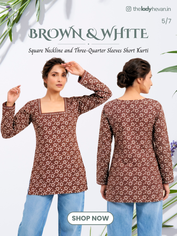 Square Neckline and Three-Quarter Sleeves Short Kurti