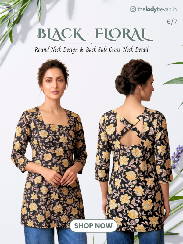 Floral Printed Cross - Back Round Neck Kurti
